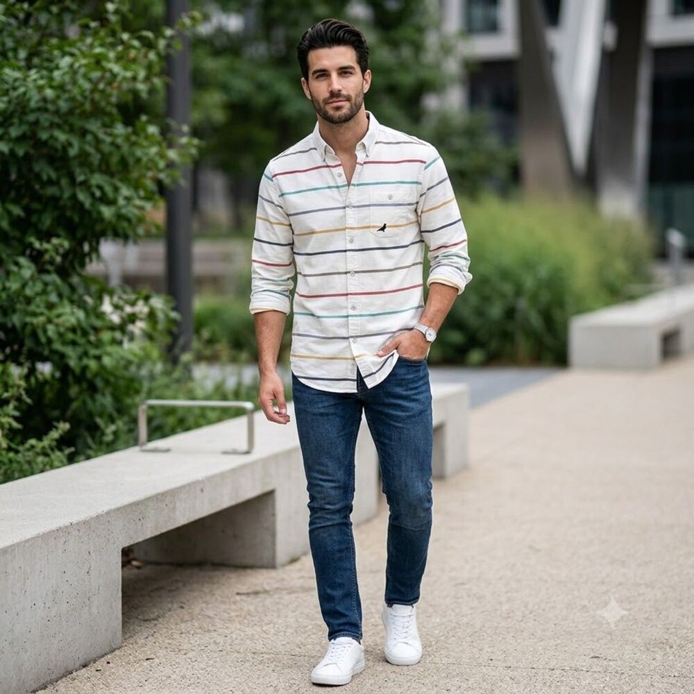 Staple Pigeon Striped Men's Button Front Shirt Cotton L White Multicolor
